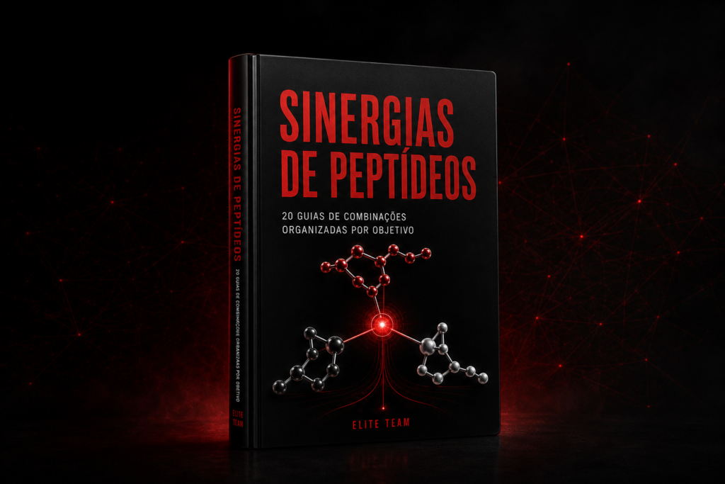 Mockup do eBook Sinergias de Peptídeos, com 20 combinações analisadas por objetivo.